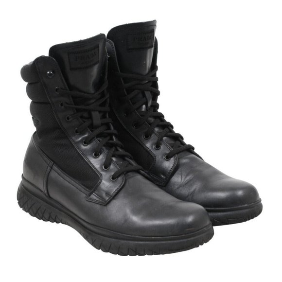 Prada Men Combat Boots US10 UK9 Black Leather Nylon Chunky Sport Rubber Sole - Picture 1 of 8